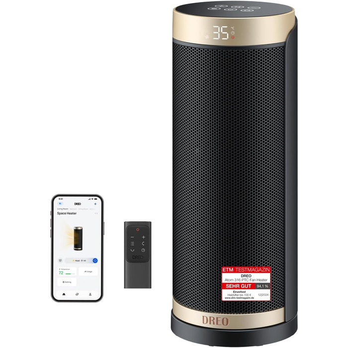 Електричний обігрівач Dreo Solaris Slim H3 з PTC-керамічним нагрівом, Wi-Fi, 3 режими, 3 швидкості, 12-годинний таймер, пульт дистанційного керування, захист від перегріву та перекидання