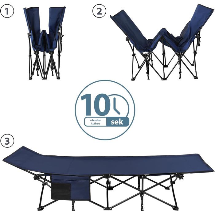 Розкладне кемпінгове ліжко ALPIDEX до 200 кг з м'яким матрацом та бічною кишенєю, синій