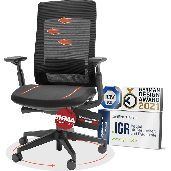Крісло Yaasa Ergonomic – ергономічне офісне крісло з підтримкою попереку та регульованими підлокітниками – поворотне крісло з регулюванням опору спинки – для дому та офісу – 120 кг (Чорний, Essential)