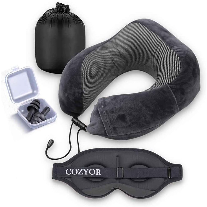 Набір для подорожей Cozyor 4 в 1: подушка для шиї, маска для сну, подушка для подорожей 2 в 1 та беруші з рюкзак-кліпом та кріпленням для валізи, червоний.