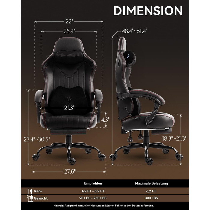 Ігровий крісло Dowinx з масажем, ергономічний дизайн, підтримка попереку та шиї, до 135 кг, шкіряне, чорний