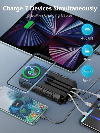 Бездротова зарядка 26800mAh, USB C, 7 виходів, 2 входи, вбудований кабель, чорний