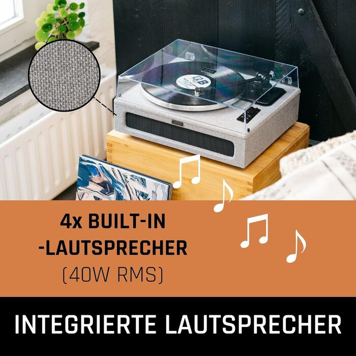 Програвач вінілу Lenco LS-430 Bluetooth з динаміками 40 Вт, ремінний привід, Pitch Control, вбудований передпідсилювач, RCA, AUX, сірий