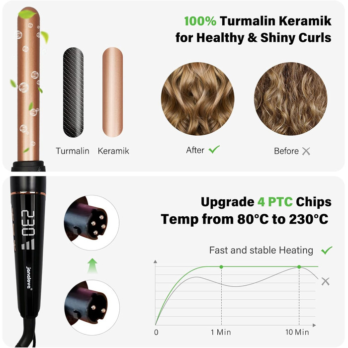 Набір для завивки волосся 5 в 1 Janelove - керамічний локонстаб 10-32 мм з різними насадками, регульована температура, рукавички та нейлонова сумка (Рожеве золото)