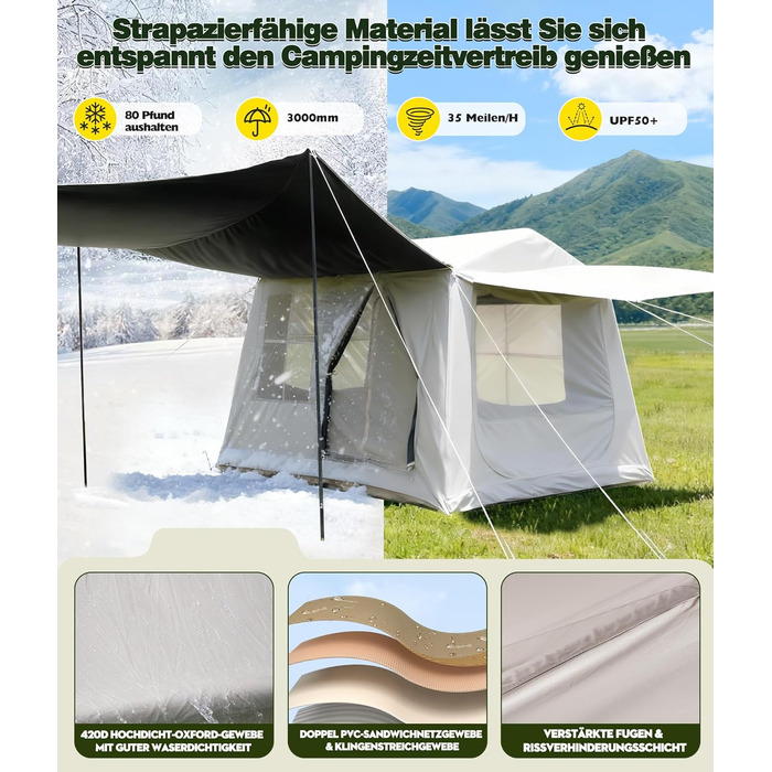 Надувний кемпінговий намет Oxford 420D Glamping для 2-3 осіб з насосом, водонепроникний (3000 мм), всесезонний вітрозахисний намет з москітною сіткою