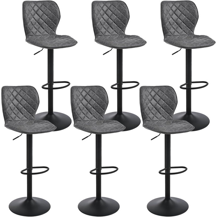 Барний стілець регульований по висоті з підніжкою та спинкою – 360° обертання, PU шкіра, комплект з 6 шт, чорний