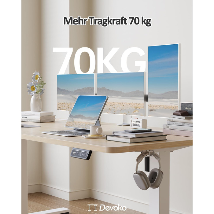 Електричний регульований стіл Devoko 120x60 см: офісний, для комп'ютера, з пам'яттю висоти, стоячий, бежевий