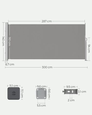 Сонцезахисна бічна маркіза SONGMICS 140x300 см, сталевий корпус, антикорозійна, висувна, щільна, для балкона, тераси, саду, світло-сіра