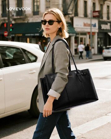 LOVEVOOK Сумка для ноутбука 15.6 дюймів, жіноча, велика, водонепроникна, шкіряна, для роботи, навчання, офісу, універсальна, чорна