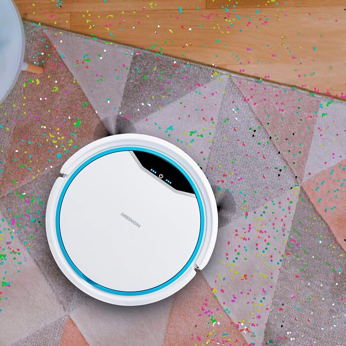 Робот-пилосос MEDION MD19900 з зарядною станцією: навігація, для твердих поверхонь (плитка, ламінат), видалення шерсті тварин, пульт ДК, до 90 хвилин роботи