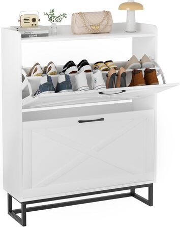 Шафа для взуття з 2 дверцятами, полиця для взуття в передпокій, вузька шафа-кіпер для взуття з 4 полицями, тумба для взуття з металевими ніжками, органайзер для взуття з дерева для стіни, 80x23,8x101,7 см, білий