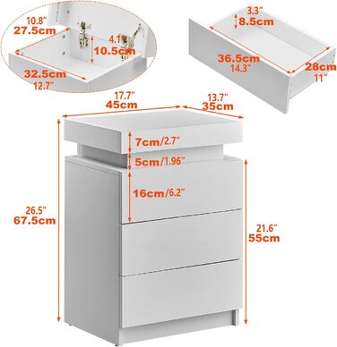 Тумбочка глянцева, 3 ящика, LED, біла, 45x35x67.5 см