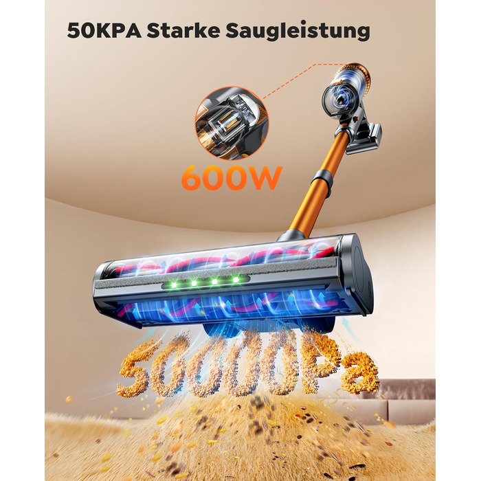 SMOTURE VAC04 Бездротовий акумуляторний пилосос, 50 000 Па потужність всмоктування, 65 хвилин роботи, самостійна підставка, гнучкий шланг, антизаплутувальна щітка, док-станція для зарядки, видалення шерсті тварин, килимів та твердих поверхонь