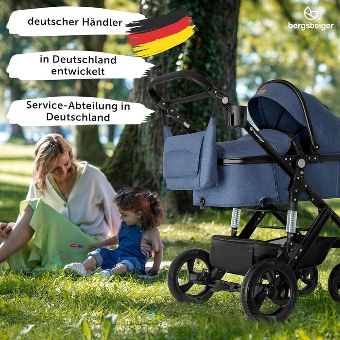 Дитяча коляска Bergsteiger Nizza 3 в 1 (комбінована), автокрісло, люлька, прогулянковий блок (синій/чорний)