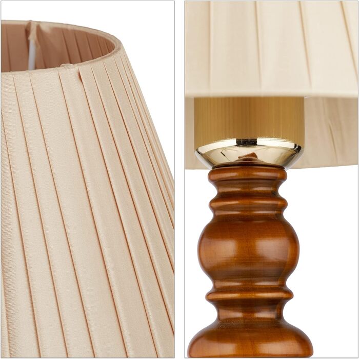 Настільна лампа Relaxdays, з дерев'яною основою та тканинним абажуром, розетка E27, вінтажна приліжкова лампа, В x Г 47 x 22,5 см, коричнева