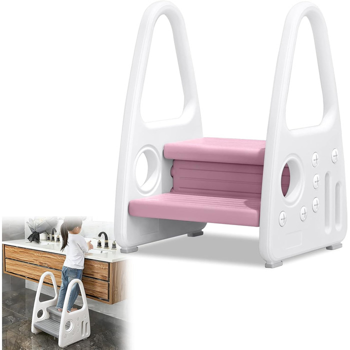 Дерев'яний дитячий триступеневий табурет-сходинка JNGLGO, 2 шт. (світло-зелений, рожевий)
