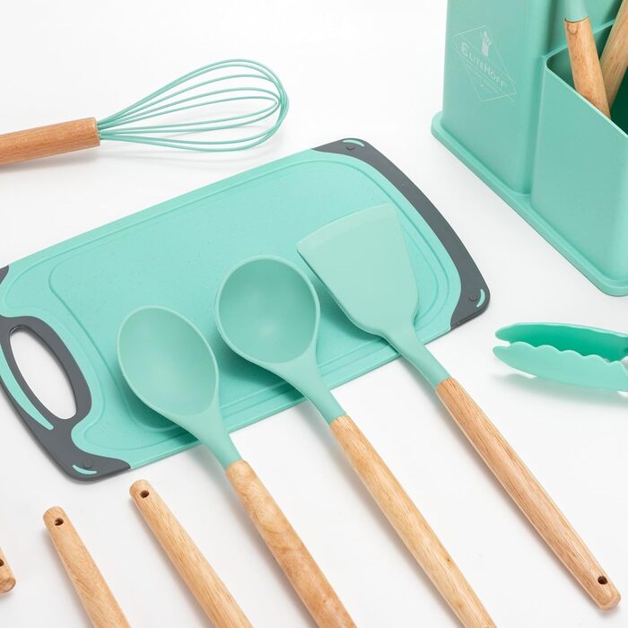 Набір кухонних ножів EliteHoff 19 предметів: 5 ножів, 12 кухонних аксесуарів, дошка для нарізання та підставка. Зручні дерев'яні ручки, силіконові аксесуари, безпечні для харчових продуктів, придатні для миття в посудомийній машині, чорний (E-6073)