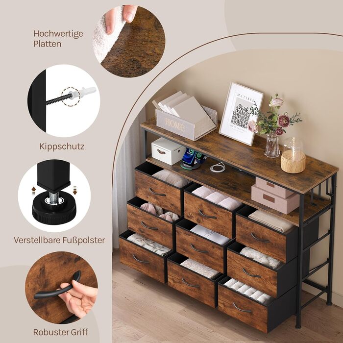 Комод WOLTU з 9 тканинними висувними ящиками, LED-підсвіткою та розетками, металевим каркасом, для вітальні, спальні, передпокою, рустикальний коричнево-чорний колір