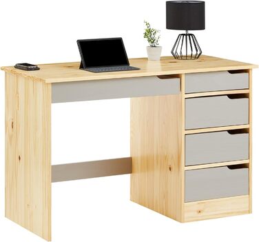Письмовий стіл IDIMEX Hugo з масиву сосни в красивому студентському столі з 5 висувними ящиками, практичний офісний стіл з поперечиною для стійкості (натуральний/сірий)