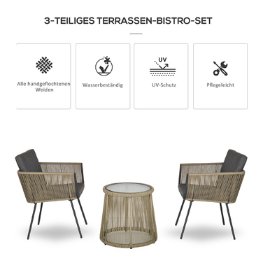 Набір садових меблів на 3 особи: 2 крісла, журнальний столик, подушки для сидіння та спинки, стільниця з загартованого скла, штучний ротанг, сірий