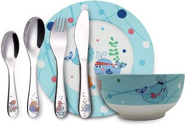 Набір дитячого посуду Exzact з нержавіючої сталі (6 шт.) - миска, тарілка, ніж, виделка, ложка для чаю, столова ложка - подарункова коробка
