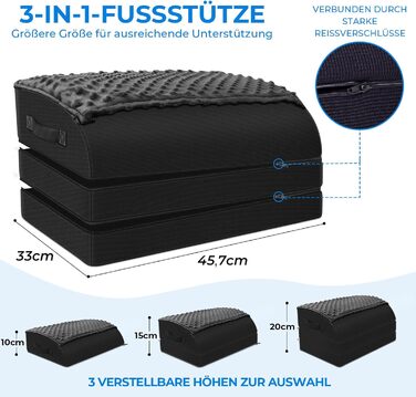 Підставка для ніг під стіл KingPavonini з гелевою піною пам'яті, 3 положення, зігріваюча сумка для ніг, підтримка спини, стегон та ніг, ергономічна підставка для офісного та геймінгового крісла (Чорний)