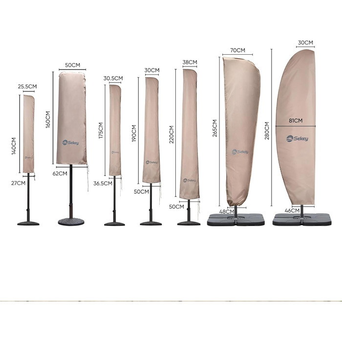 Чохол для парасольки 300 см Sekey Premium | Водонепроникний, UV 50+, з монтажним стрижнем та блискавкою, 175x30,5/36,5 см, Бежевий