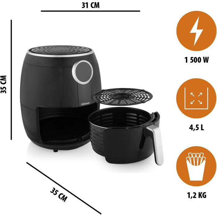 Міні-фритюрниця Tristar, 6 програм, з антипригарним покриттям, термостат, 1500 Вт, 4,5 л, чорний
