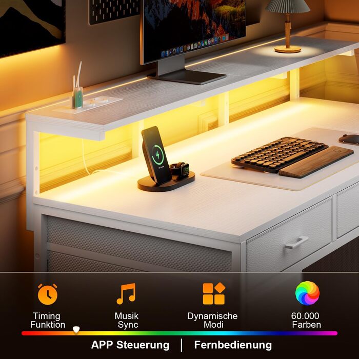 Комп'ютерний стіл з 8 висувними ящиками, 2 розетками та USB-портами, LED-підсвічуванням та підставкою для монітора, 120 x 50 x 74 см, білий