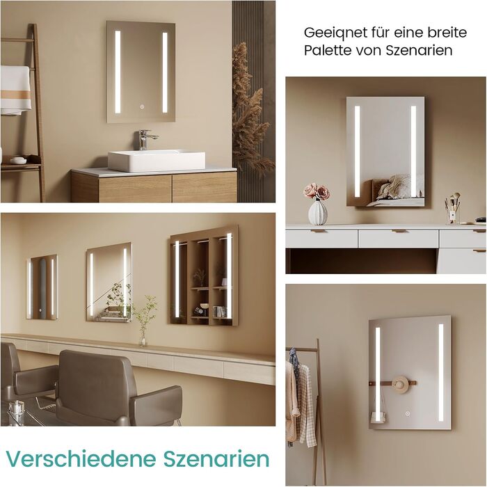 Дзеркало для ванної кімнати EMKE з підсвічуванням 60x80 см, 2 кольори світла, антизапарник, IP44, LED, сенсорний вимикач