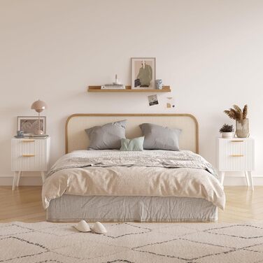 Журнальний столик з ротангу, дерев'яний приліжний столик з 2 висувними ящиками, декорованими ручною роботою з ротангу, бохо-столик, столик для вітальні/спальні з місцем для зберігання, для дому, природа, DECTG59Y (рефлений-білий)