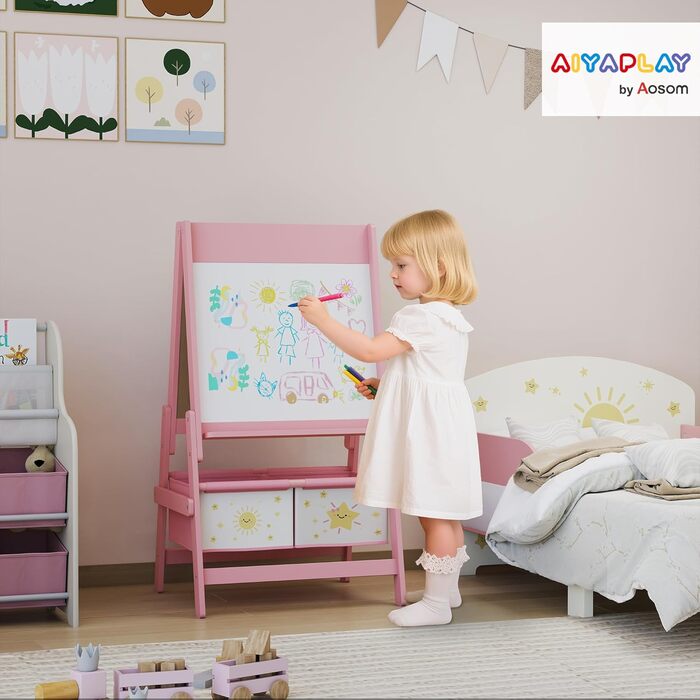 Дитяча мольберт AIYAPLAY 3 в 1, рожевий: двосторонній, з рулоном паперу та 2 кошиками для зберігання, для дітей 3-8 років