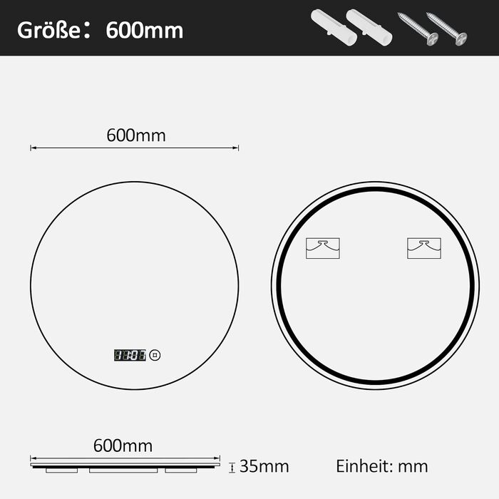 Дзеркало для ванної кімнати Boromal з підсвічуванням, годинником та регулюванням кольору світла (60 см)