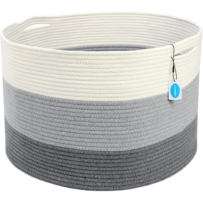 Кошик для зберігання Casaphoria з бавовняного шнура для вітальні, плетені кошики з ручками для ковдр, рушників та подушок, кошик для білизни, кремово-білий та коричневий (55,9 x 55,9 x 35,6 см, XXXL)