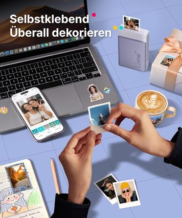 Портативний міні-фотопринтер Liene Pearl N200 Pro з підключенням Bluetooth, сублімаційна технологія, 300 dpi, для iPhone та Android, вбудований акумулятор, комплект з 50 фото (5x7,6 см) та 5 фарбовими стрічками (Lila)