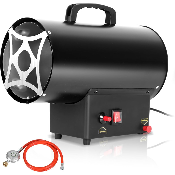 Газовий нагрівач для приміщень Ikodm (15 кВт), 220V, 320 м³/год, з газовим шлангом 1,2м та редуктором тиску 700 мбар