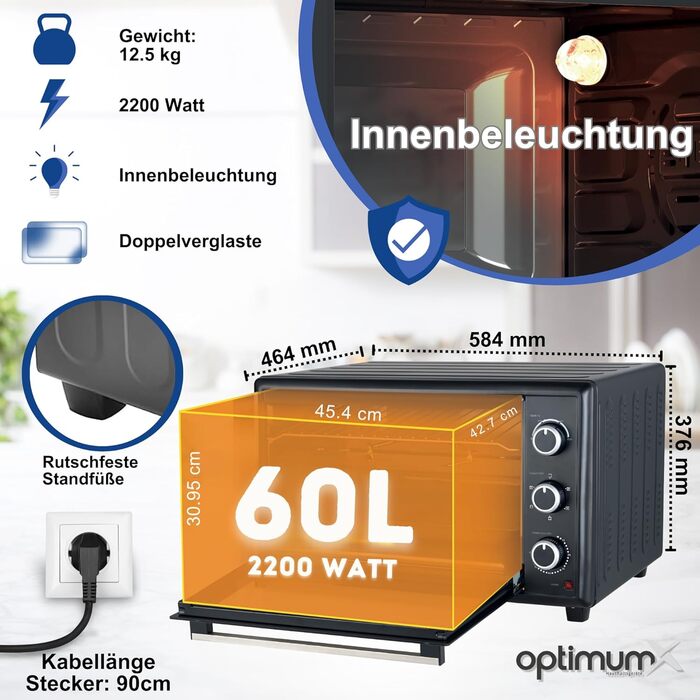 Міні-піч OptimumX 20L з конвекцією, таймером на 60 хв, для піци, 1380 Вт, чорна (об'єм 60 літрів)