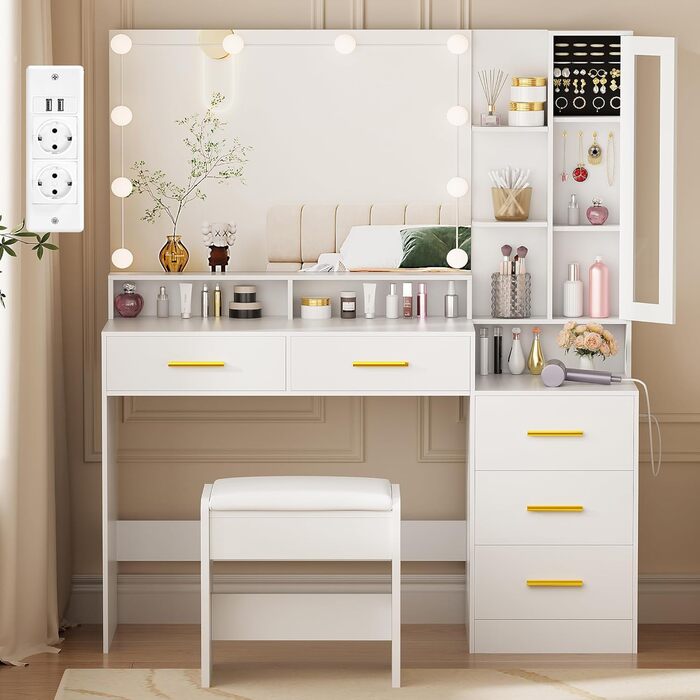 Великий туалетний столик ANWBROAD з LED-підсвічуванням (3 кольори) та розетками, білий, з дзеркалом та пуфом, 5 ящиків, скляні дверцята, 140x115x40 см, BDT68W