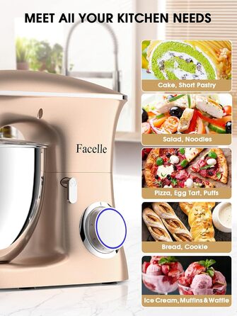 Кухонна машина-міксер Facelle 2000W з чашею 8,5L (6+ швидкостей) для випічки, тіста, міксування, з набором насадок (снігобій, гак для тіста, вінчик) та захистом від бризок, колір Champagne