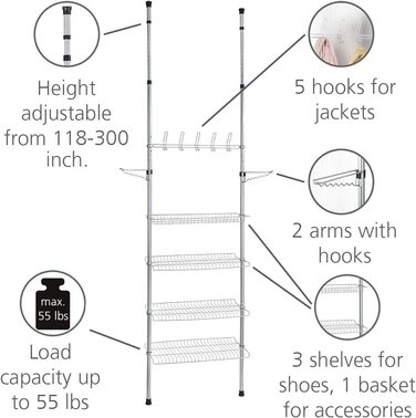 Телескопічне сховище для взуття WENKO на 42 пари взуття, телескопічне висувне, висотою від 100 до 300 см, металеве, біло-сіре (гардероб Аполлон)