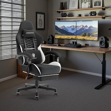 Ігровий крісло Dowinx з підголівником та підставкою для ніг, тканинне, з масажем, чорно-біле, ергономічне