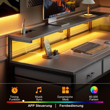 Комп'ютерний стіл з 8 висувними ящиками, 2 розетками, USB-портами, LED-підсвічуванням та підставкою для монітора, 120 x 50 x 74 см (сірий)