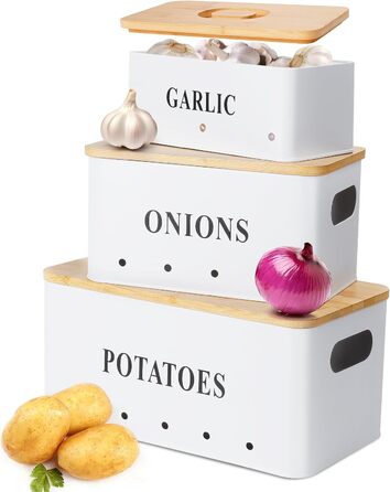 Набір контейнерів для картоплі, цибулі та часнику [3 шт] з бамбуковими кришками | Коробки для зберігання овочів з вентиляцією | Чорний