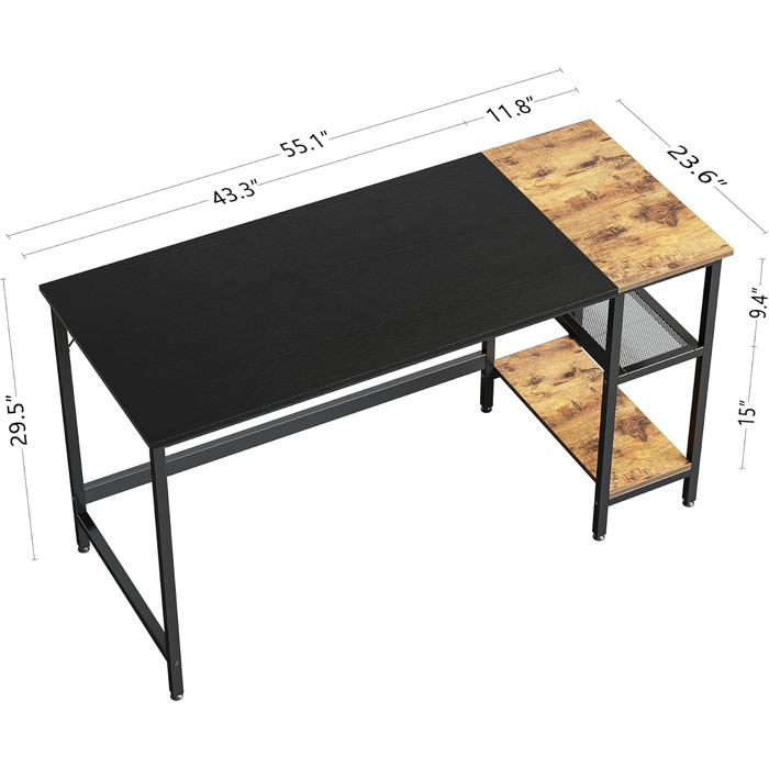 Письмовий стіл CubiCubi, 140x60 см, полиця права/ліва, промисловий дизайн, сталева рама, чорний/коричневий