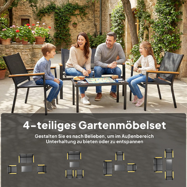 Набір садових меблів з металевим каркасом на 4 особи: диван на двох, крісло та приставний столик, 110x63,5x84 см, чорний колір