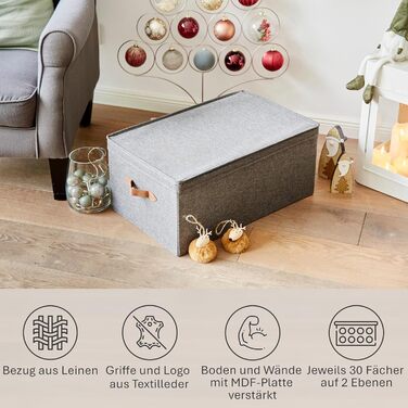 Преміум коробка для зберігання новорічних прикрас LOVE IT STORE IT - тканинна коробка з 30 відділеннями, знімний піднос, сіра, 58x36x25 см