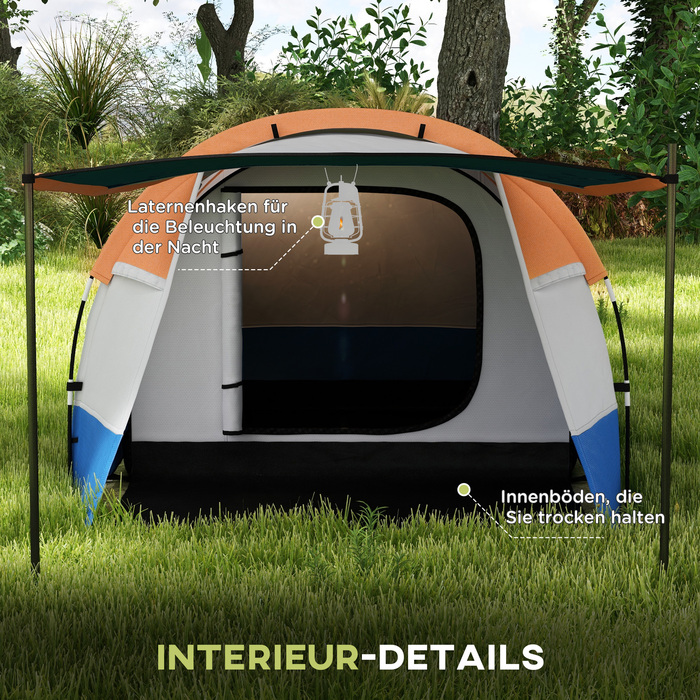 Outsunny Camping Tent, тунельний намет для 3 осіб, з легким гачком, тент, 2 кімнати, вітрозахисний сімейний намет із сумкою для перенесення, водовідштовхувальний висувний намет 2000 мм для кемпінгу, саду, помаранчевого