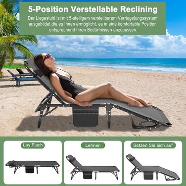 Складне ліжко-шезлонг – 200 кг, з матрацом, кишенями, регульованою спинкою та підголівником – для офісу, тераси, саду, кемпінгу та відпочинку на сонці (Блакитний Літтер)