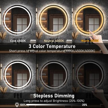 Дзеркало для ванної кімнати з підсвічуванням, 60 см, кругле, з антизапарюючим покриттям, диммер, 3 кольори світла, 60x60 см