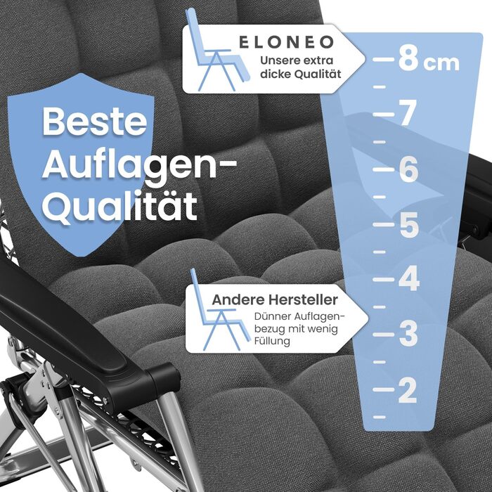 Лежак ELONEO розкладний преміум з подушкою, сонячний лежак для саду, вологостійкий, широка спинка, регульована, з подушкою для шиї та тримачем для напоїв, антрацит